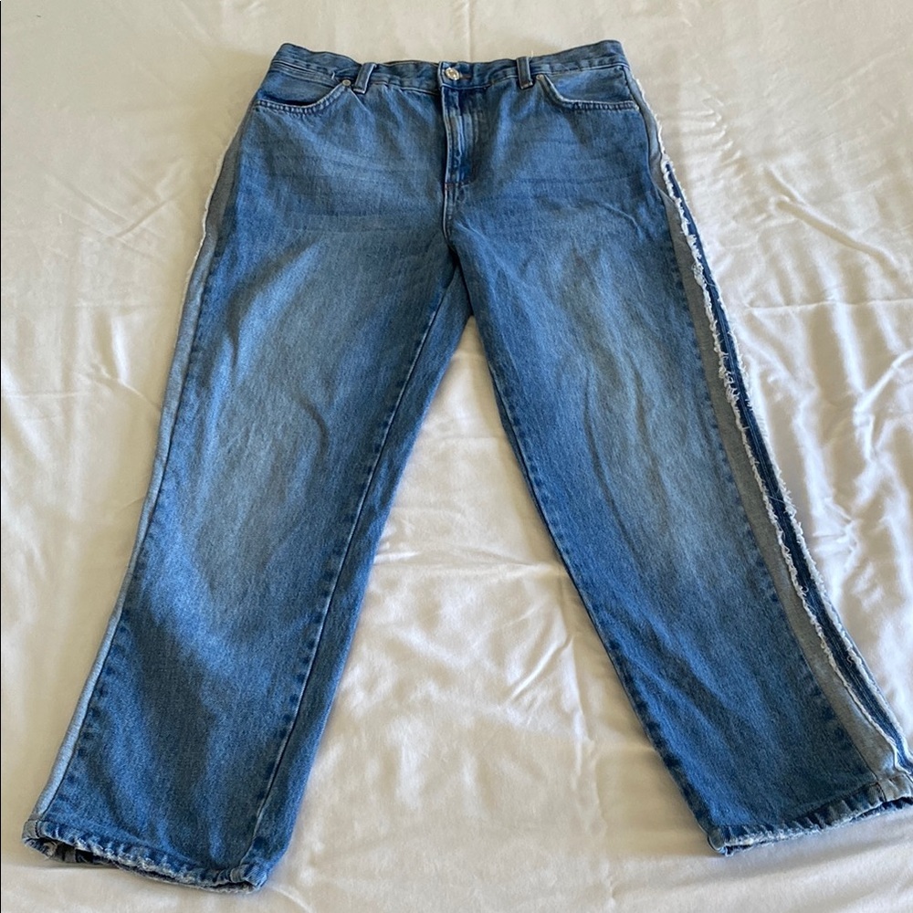 Mango Straight leg blue Jeans with reverse seam patchwork side panels. Size 10